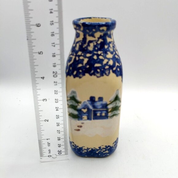 Alpine Pottery Ohio 1995 Blue Snow Cottage Hand Painted Winter Decor Set - Picture 11 of 11